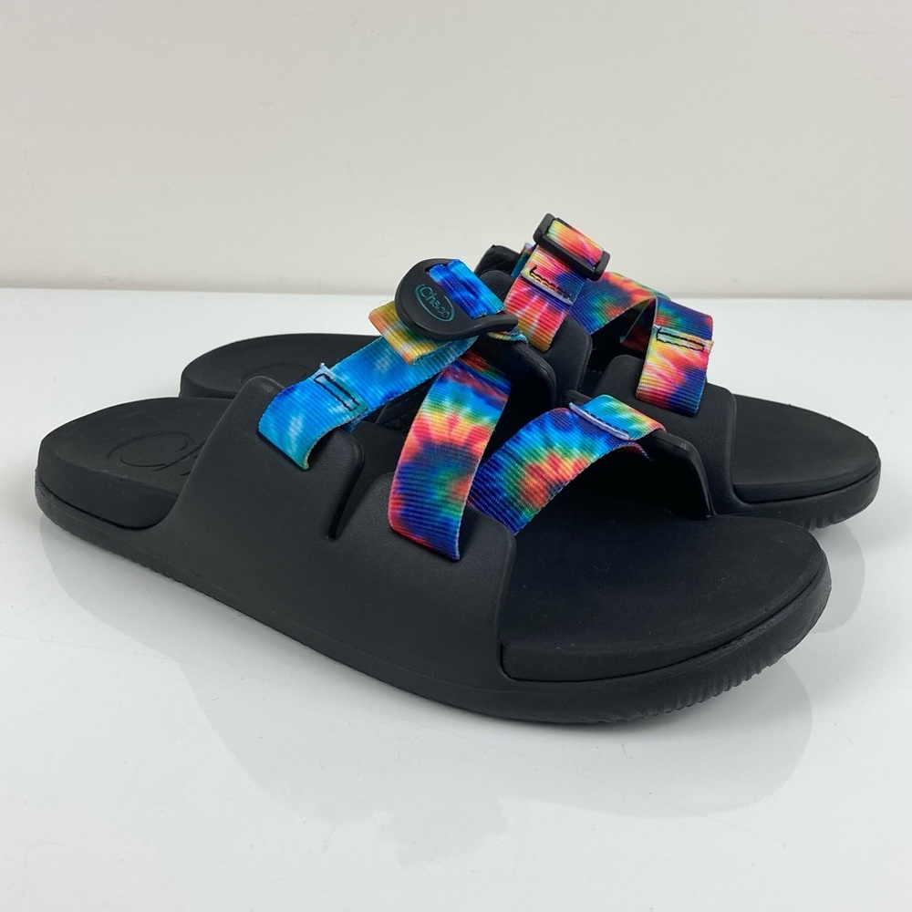 Chacos Kids Chillos Black & Rainbow Tie Dye Flip Flop Sandals Size 6 Junior